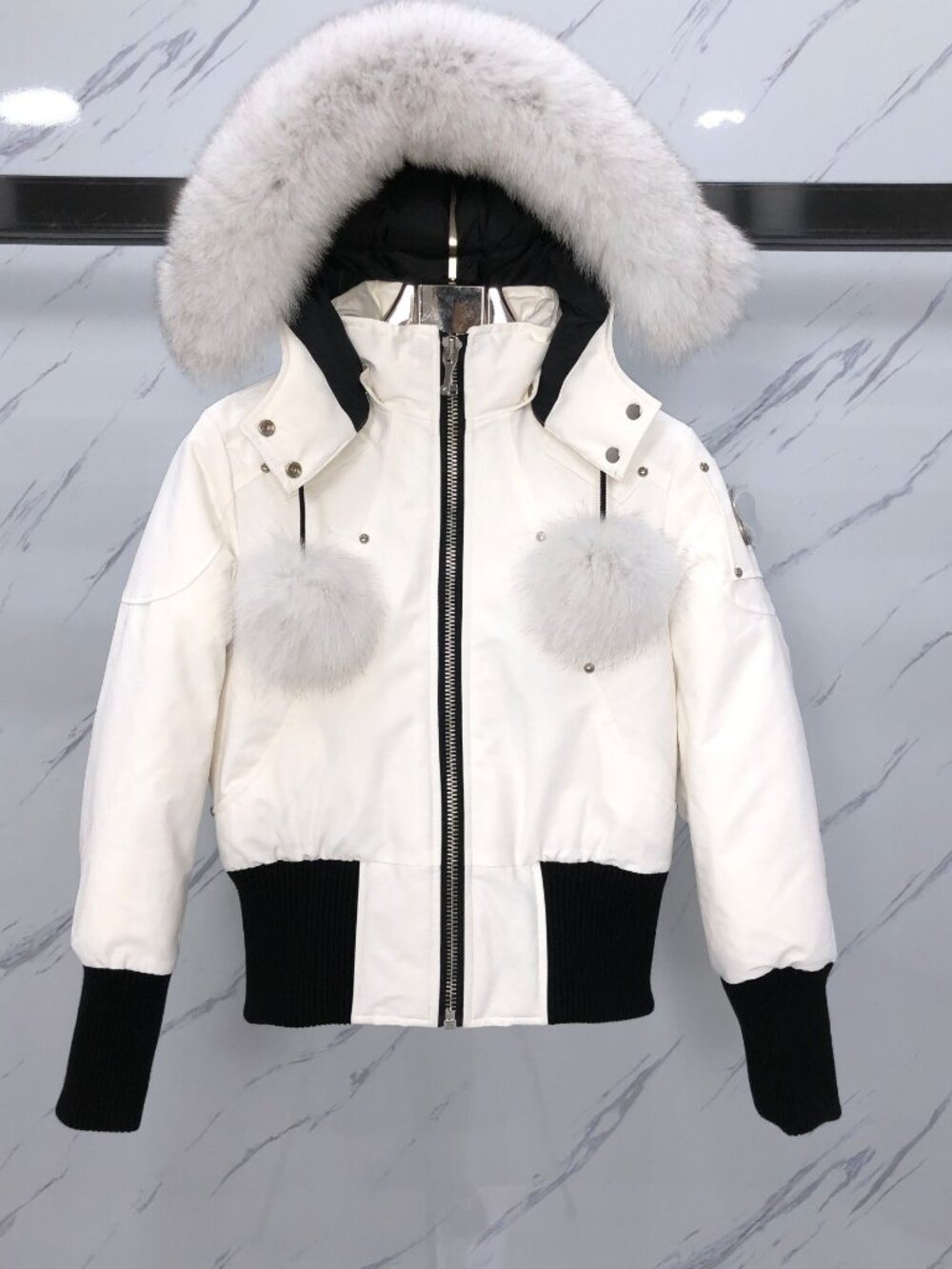 Moose Knuckles White Cropped Bomber Parka Fur Hood Silver Hardware Down Jacket